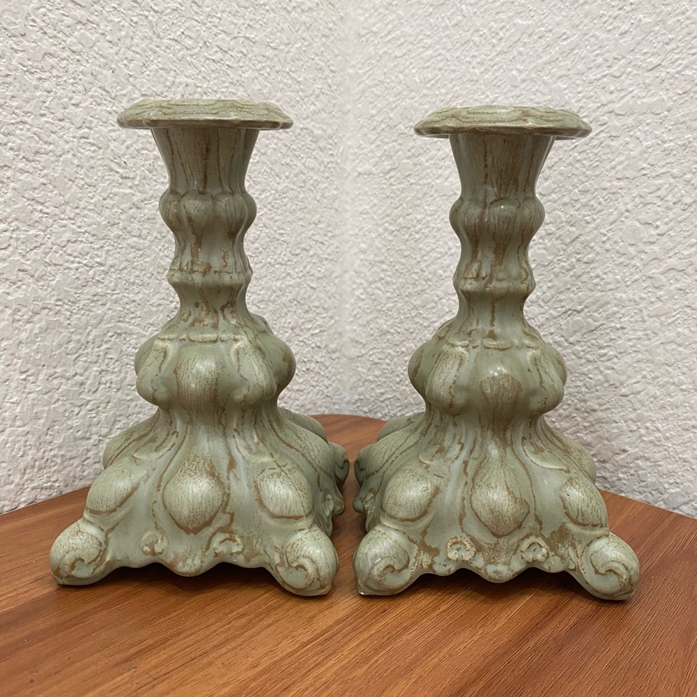 Pair Of Vintage 60’s WYLEY 67 Sage Green Muted Glazed Candle Stick Holder Set